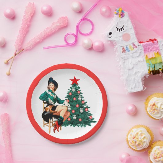  meisje met kerstboomrand papieren bordje (Feest)