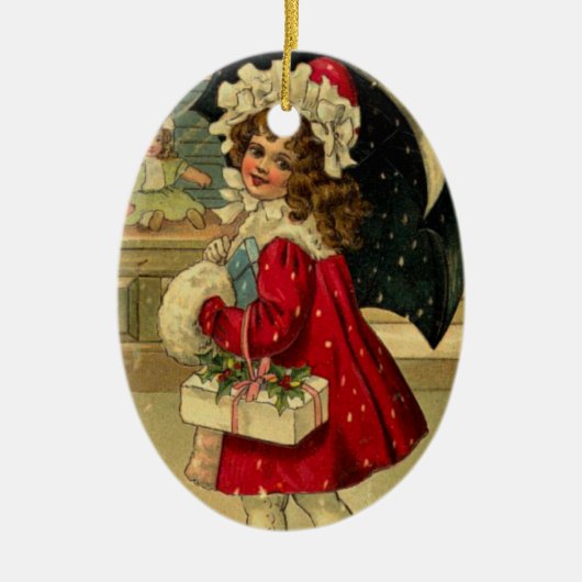 Meisje met kerstcadeau keramisch ornament (Voorkant)