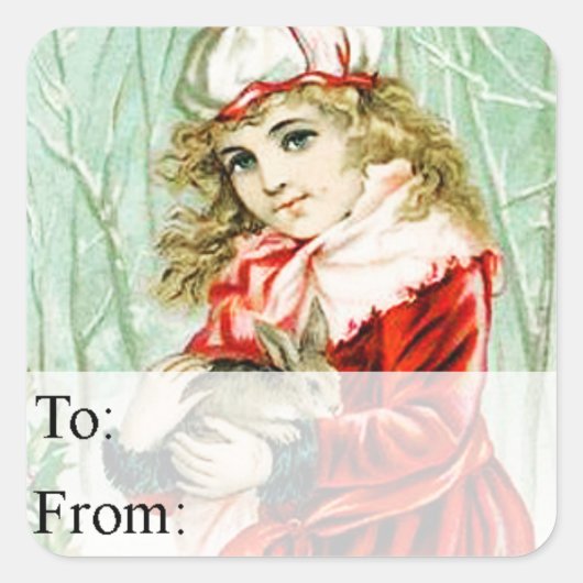  meisje met kerstkonijnencadeautje Label (Voorkant)