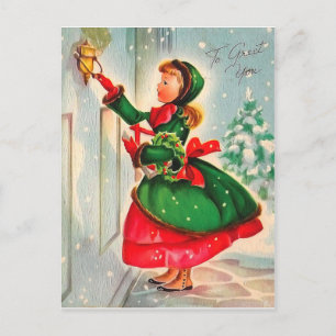 Meisje met kerstmis aan de deur briefkaart