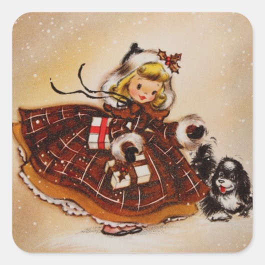 Meisje met kerstpuppy vierkante sticker (Voorkant)