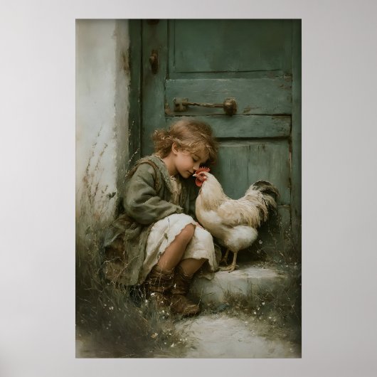 Meisje Met Kip Print, Haan Rustiek Poster (Voorkant)