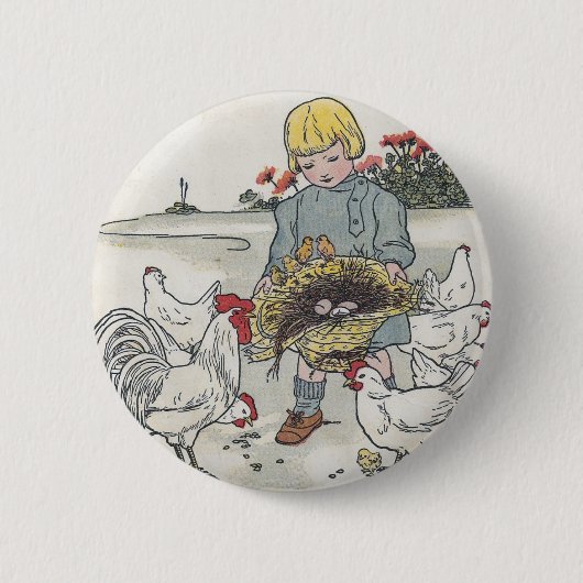 meisje met kippen, E is een ei Ronde Button 5,7 Cm (Voorkant)