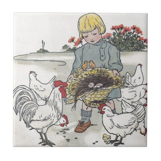 meisje met kippen, E is een ei Tegeltje (Voorkant)