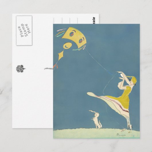 Meisje met kite en hond briefkaart (Voorkant / Achterkant)