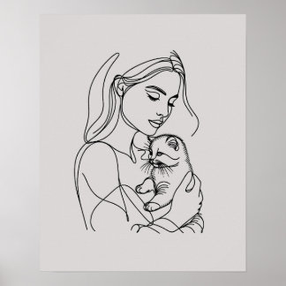 Meisje met kitten - Line Art Poster
