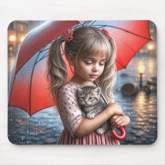 Meisje met kitten onder paraplu muismat (Voorkant)