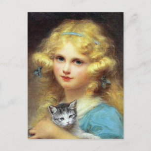 Meisje met kitten:  schilderij van E. Cabane Briefkaart