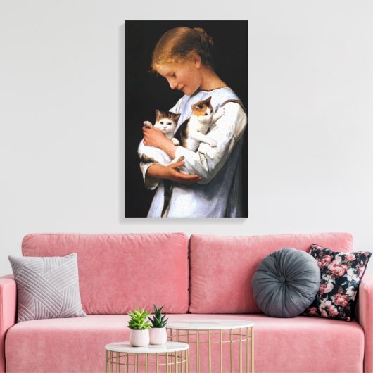 Meisje met Kittens, Albert Anker Canvas Afdruk (Insitu (Woonkamer))