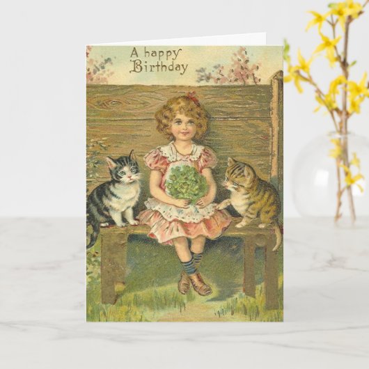  meisje met Kittens Verjaardag Kaart (Gele Bloem)