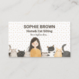 Meisje met Kittens Waterverf Kat en Thuis Zittend Visitekaartje