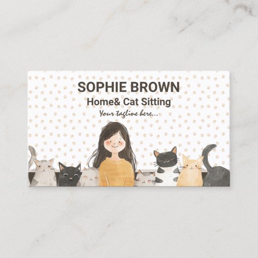 Meisje met Kittens Waterverf Kat en Thuis Zittend Visitekaartje (Voorkant)