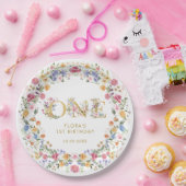  meisje met kleine wilde bloem 1e verjaardag papieren bordje (Feest)