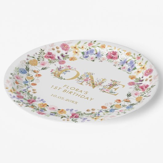  meisje met kleine wilde bloem 1e verjaardag papieren bordje (Gekanteld)