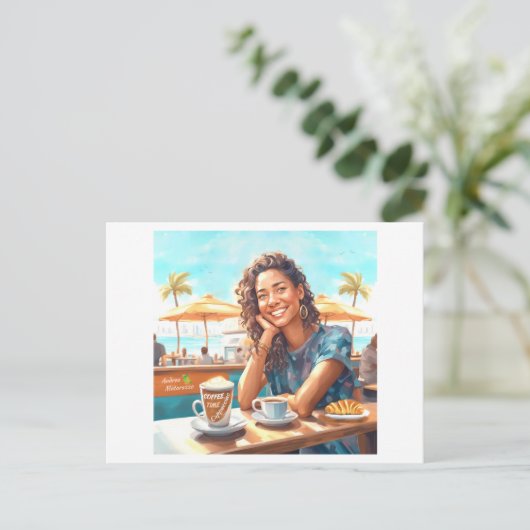 Meisje met koffiepauze briefkaart (Staand voorkant)