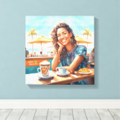 Meisje met koffiepauze canvas afdruk (Insitu (Houten vloer))