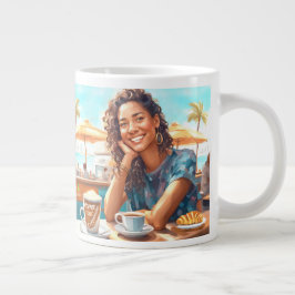 Meisje met koffiepauze grote koffiekop