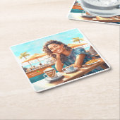 Meisje met koffiepauze kartonnen onderzetters (Schuin)