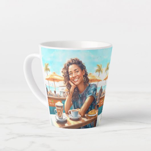 Meisje met koffiepauze latte mok (Linkerhoek)