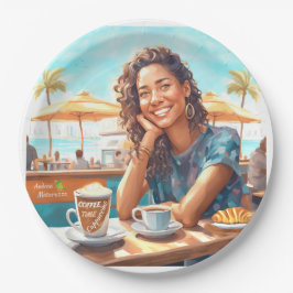 Meisje met koffiepauze papieren bordje