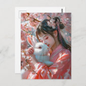 Meisje met Konijn Chinese Zodiac Art Briefkaart (Voorkant / Achterkant)