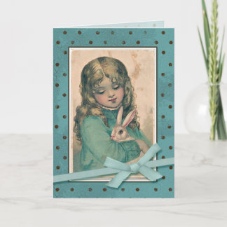 Meisje met konijn vintage reproductie feestdagen kaart