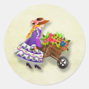 Meisje Met Kruiwagen Vol Kleurrijke Bloemen Sticke Ronde Sticker