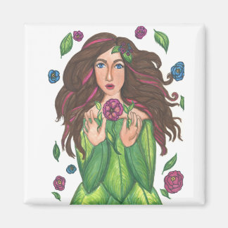 Meisje met Magische Bloemen - 2 Inch Vierkante Mag Magneet