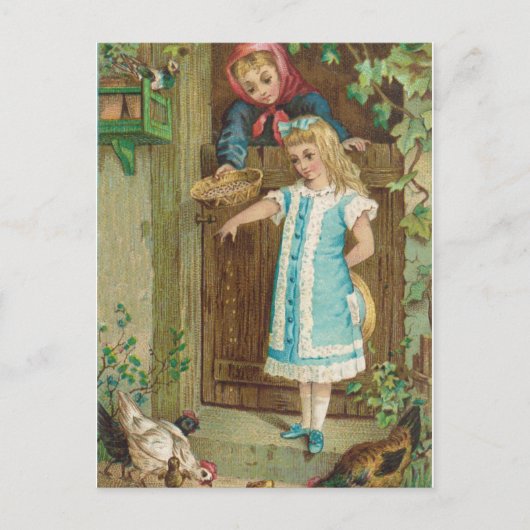  meisje met moeder die kippen voedt briefkaart (Voorkant)