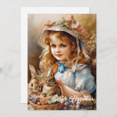 meisje met motorkap en twee konijnen in mand feestdagenkaart (Voorkant / Achterkant)