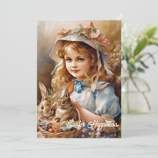  meisje met motorkap en twee konijnen in mand feestdagenkaart (Staand voorkant)
