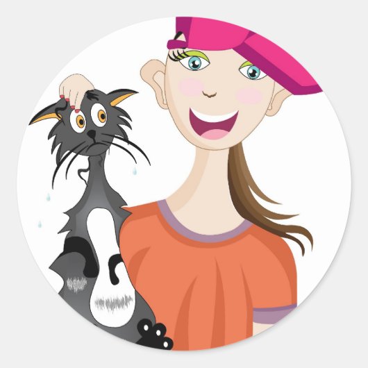 Meisje met natte kat ronde sticker (Voorkant)