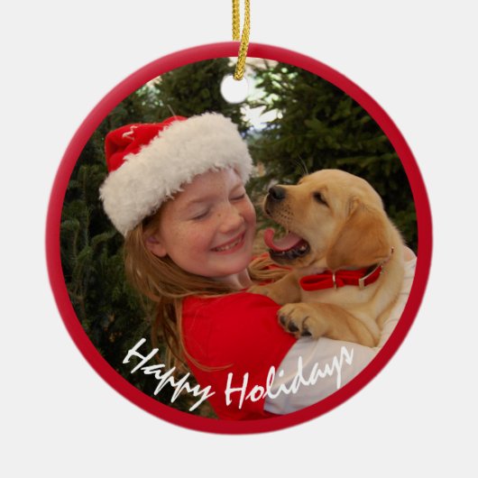 Meisje met Nieuwe Puppy voor Kerstmis Keramisch Ornament (Voorkant)