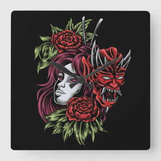 Meisje met Oni Masker Vierkante Klok