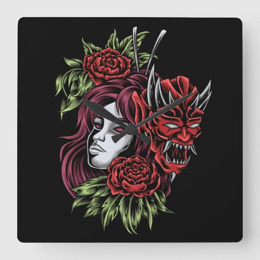 Meisje met Oni Masker Vierkante Klok (Voorkant)