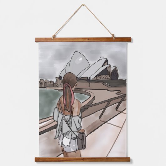 Meisje met operahuis in Sydney. Hangend Wandkleed (Voorkant)