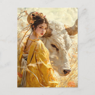 Meisje met os Chinese Zodiac Kunst Briefkaart