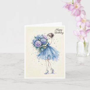 Meisje met paarse en blauwe bloemen Gefeliciteerd Kaart