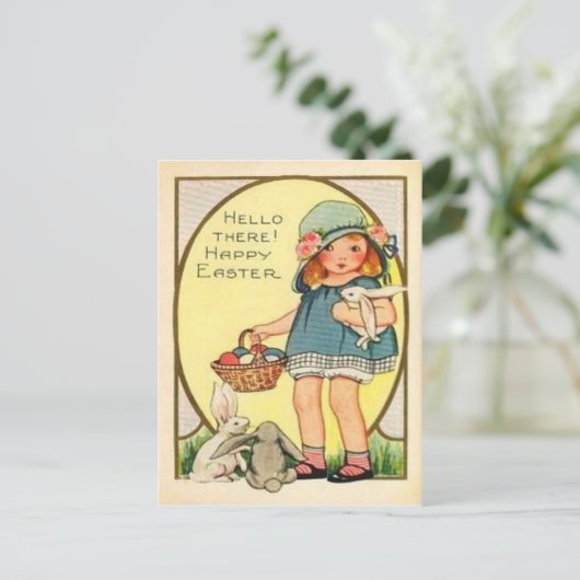  meisje met paashaas en eicellen feestdagenkaart (Staand voorkant)