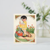 meisje met paashaas en eicellen feestdagenkaart (Staand voorkant)