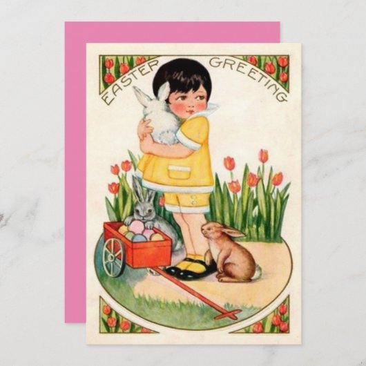  meisje met paashaas en eicellen feestdagenkaart (Voorkant / Achterkant)