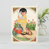  meisje met paashaas en eicellen feestdagenkaart (Staand voorkant)