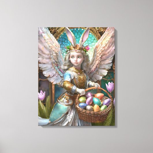 Meisje met paashaas engelenkostuum canvas afdruk (Voorkant)