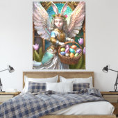 Meisje met paashaas engelenkostuum canvas afdruk (Insitu (Slaapkamer))