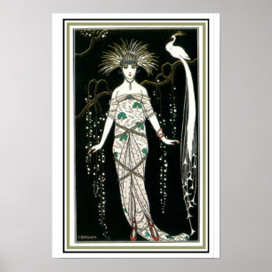 "Meisje met pacock" Art Deco Poster 13 x 19