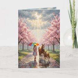 Meisje met paraplu en pony in regenachtig park kaart