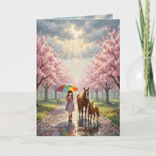 Meisje met paraplu en pony in regenachtig park kaart