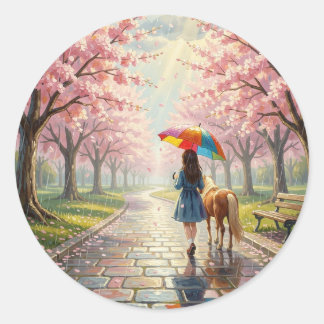 Meisje met paraplu en pony in regenachtig park ronde sticker