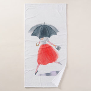 Meisje met paraplu in de regen. mode illustratie. badhanddoek