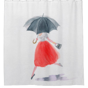 Meisje met paraplu in de regen. mode illustratie. douchegordijn